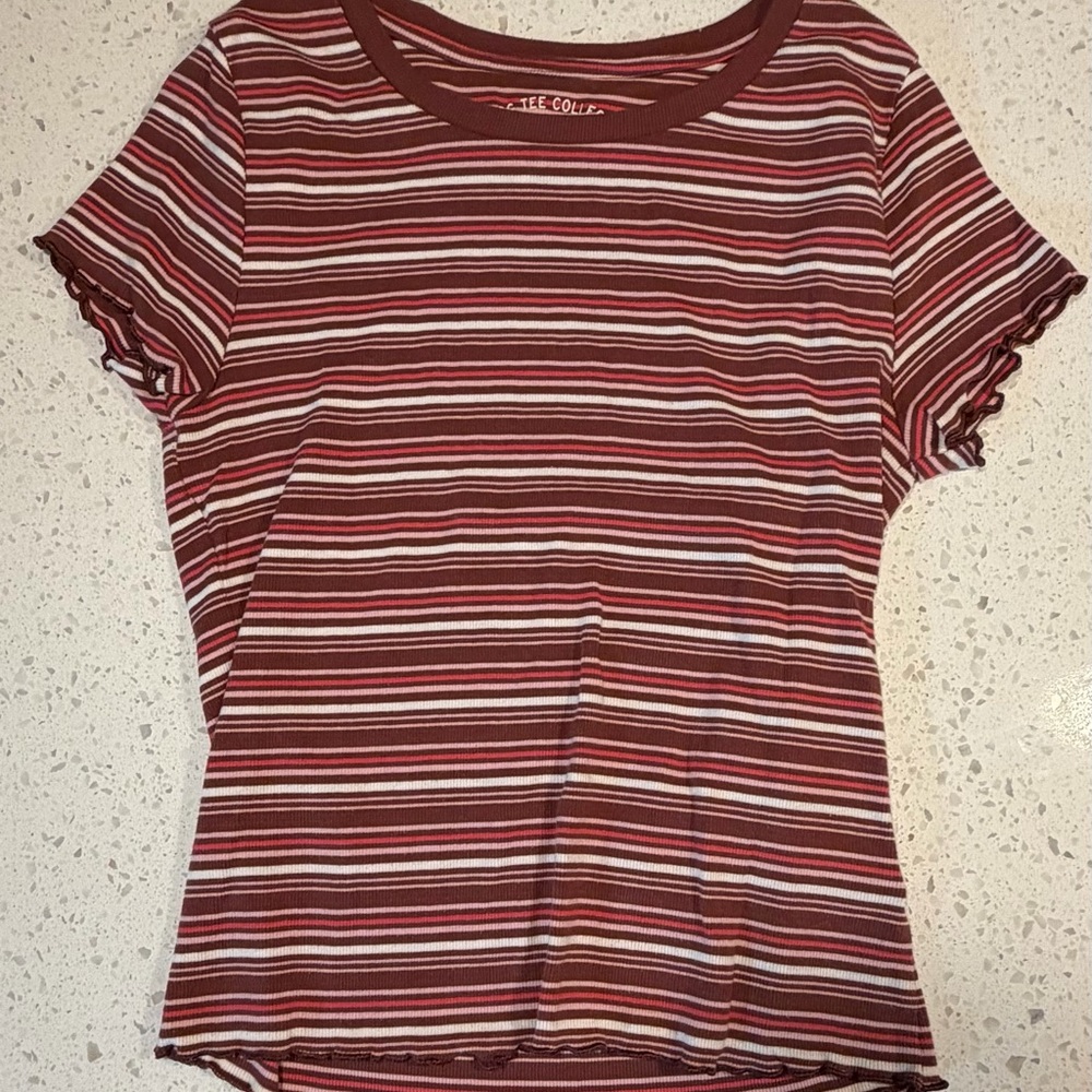 American Eagle Outfitters Pink and White Striped Short Sleeve Tee